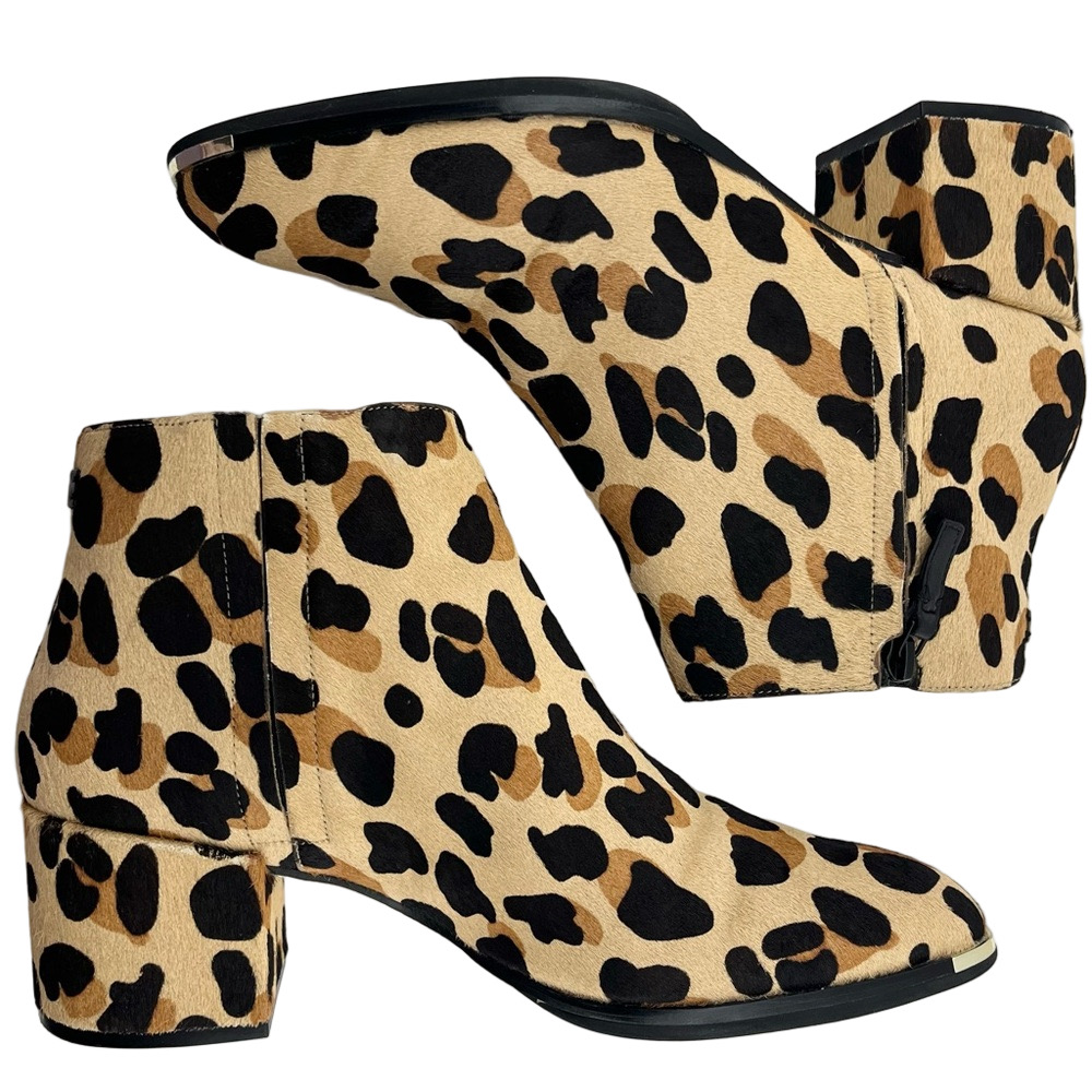 EUC Cole Haan Real Fur Leopard Print Ankle Boots Gold Detail Size 9.5
